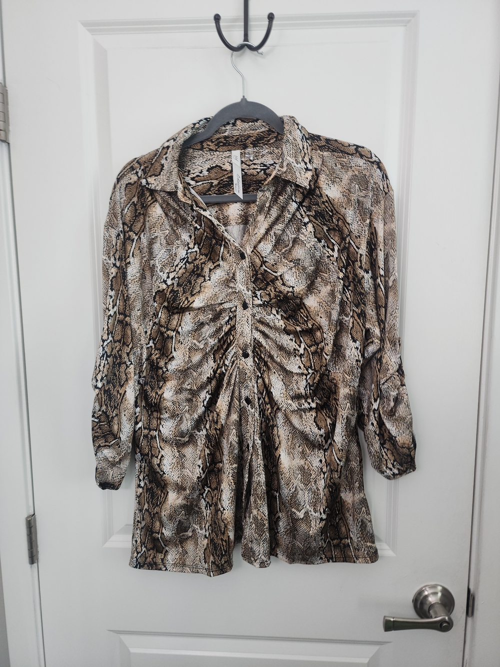 3/$25 Collection B Snake-Print Button Front Blouse - Brown & Cream